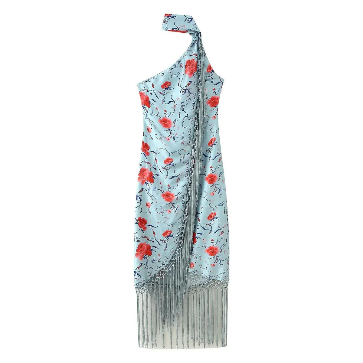 Women’s Floral Printed Irregular Dress – Sleeveless High-Waist Summer Dress with Scarf Collar & Fringe Hem | Celebrity Elegant Style - Image 6