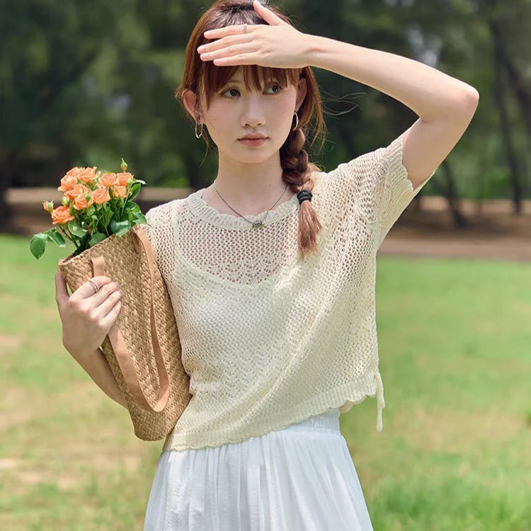 Women’s French Gentle Ice Silk Hollow-Out Blouse – Three-Quarter Sleeve Summer Top