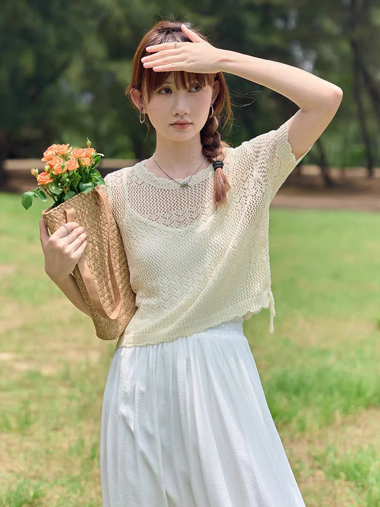 Women’s French Gentle Ice Silk Hollow-Out Blouse – Three-Quarter Sleeve Summer Top - Image 7