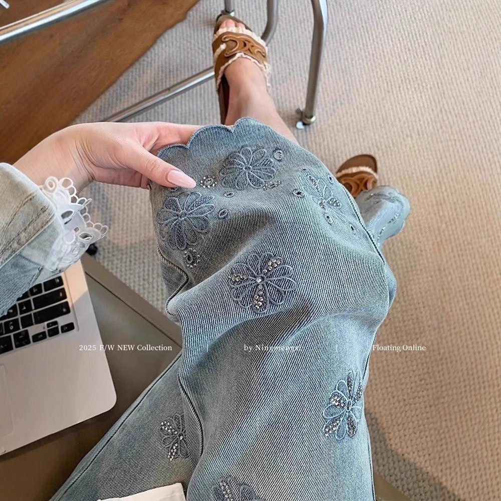 Women’s High-Waist Blue Denim Jeans – Embroidered Straight-Leg Nine-Point Pants | Spring 2025 Royal Sister Style | Micro Stretch Cotton Denim  FD