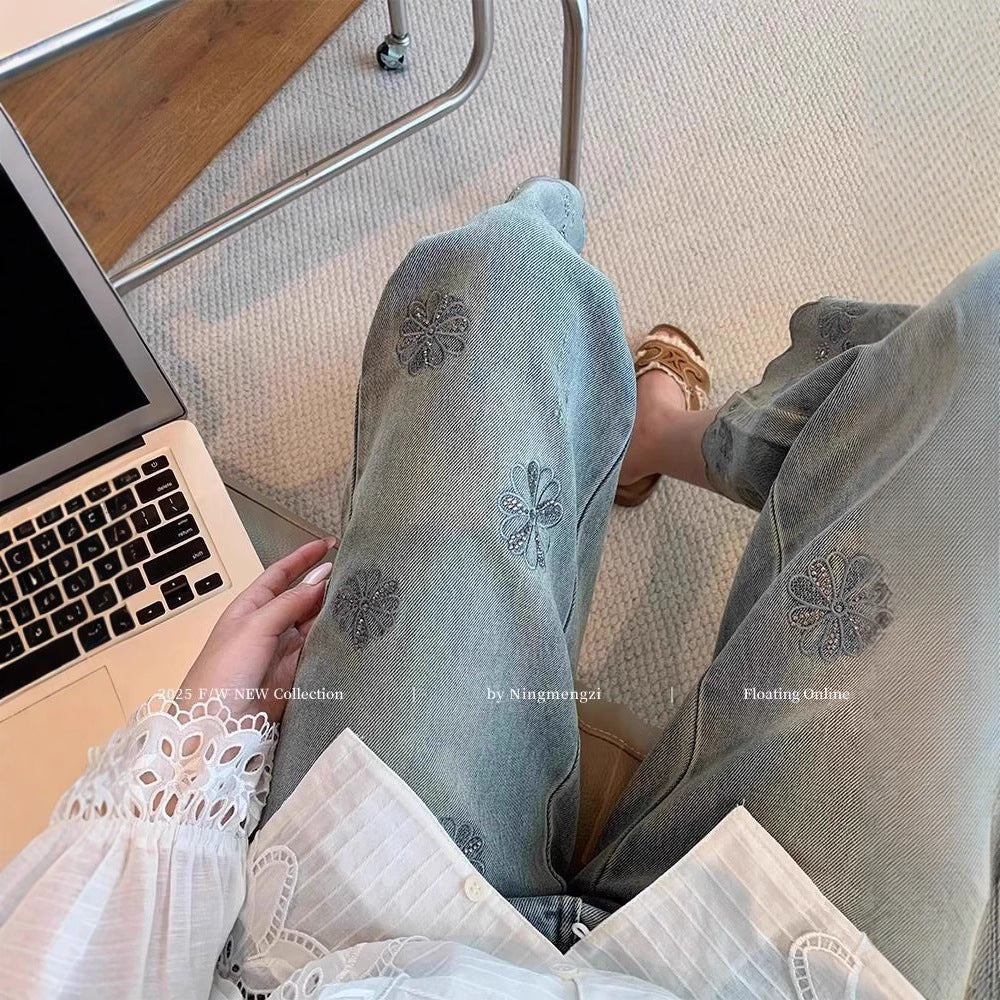 Women’s High-Waist Blue Denim Jeans – Embroidered Straight-Leg Nine-Point Pants | Spring 2025 Royal Sister Style | Micro Stretch Cotton Denim  FD - Image 2