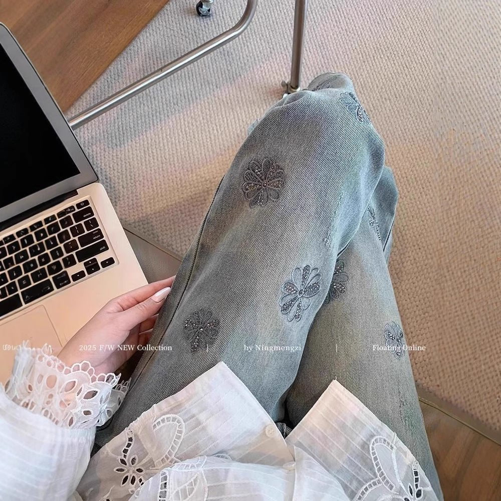 Women’s High-Waist Blue Denim Jeans – Embroidered Straight-Leg Nine-Point Pants | Spring 2025 Royal Sister Style | Micro Stretch Cotton Denim  FD - Image 4