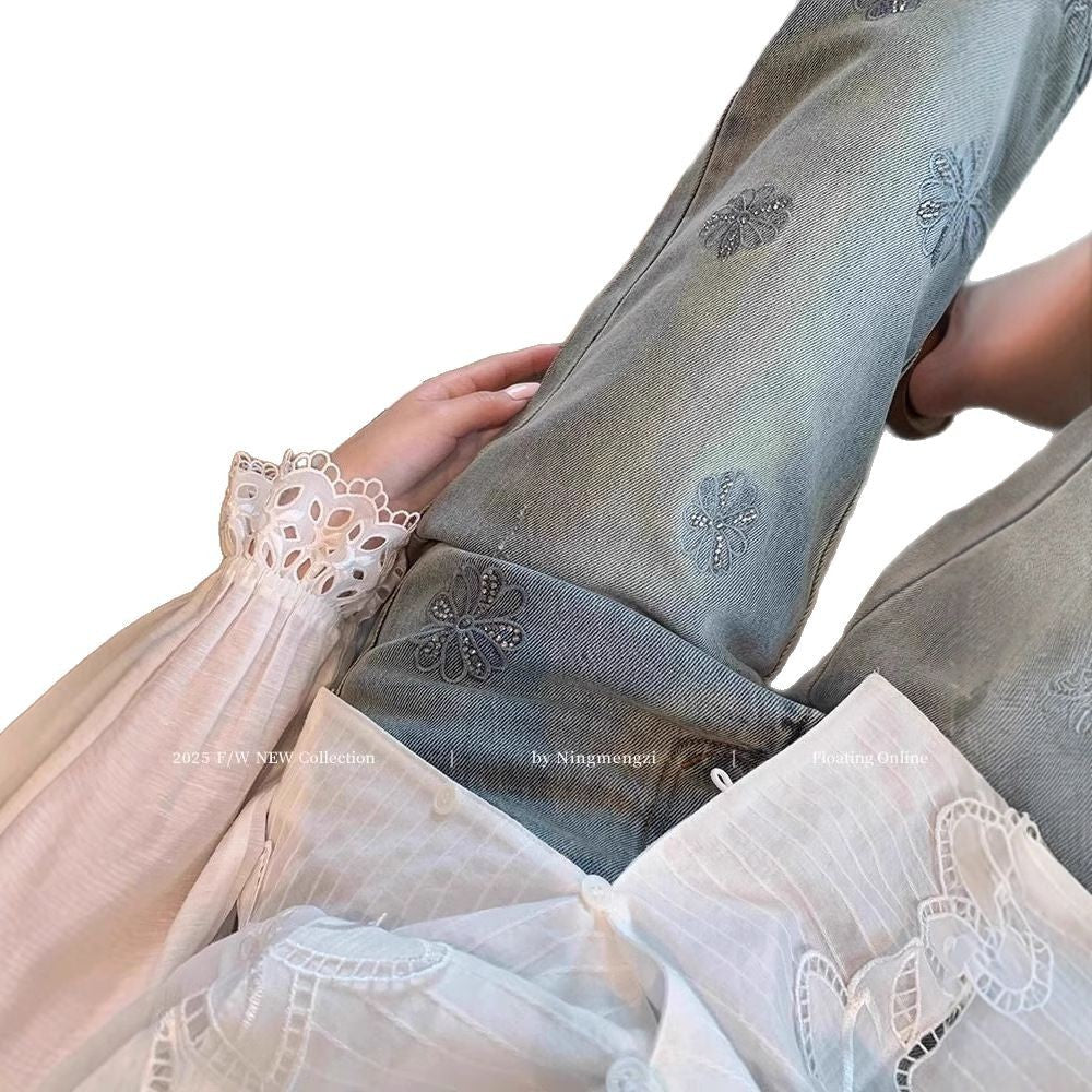 Women’s High-Waist Blue Denim Jeans – Embroidered Straight-Leg Nine-Point Pants | Spring 2025 Royal Sister Style | Micro Stretch Cotton Denim  FD - Image 5