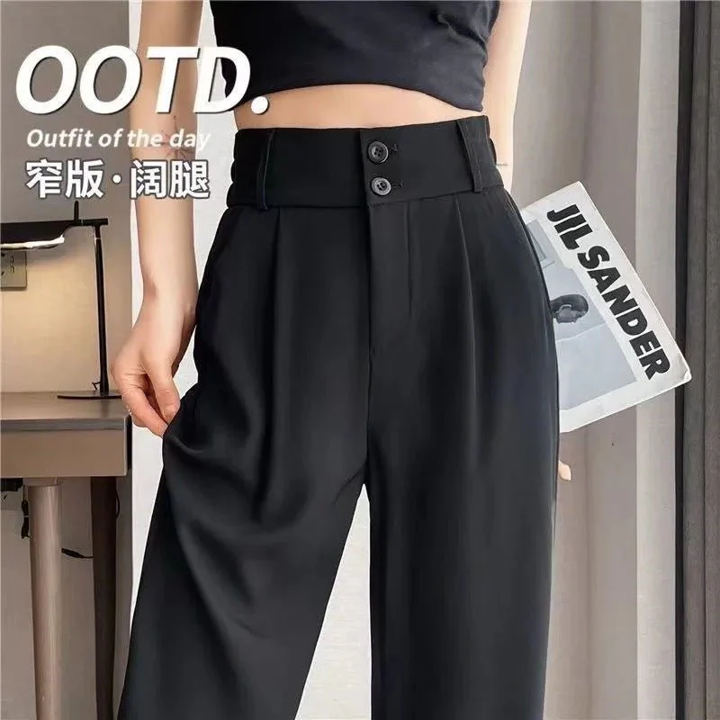 Women’s High-Waist Nine-Point Straight Pants – Sweet & Fresh Street Hipster Style | Summer 2025 Button Accent (FD) - Image 2