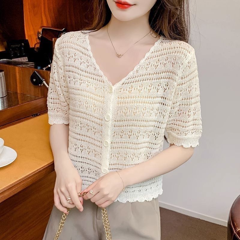 Women’s Ice Curve V-Neck Hollow-Out Short Cardigan | Lightweight Viscose Knit Summer 2025 Top | Korean Casual Sweet Style