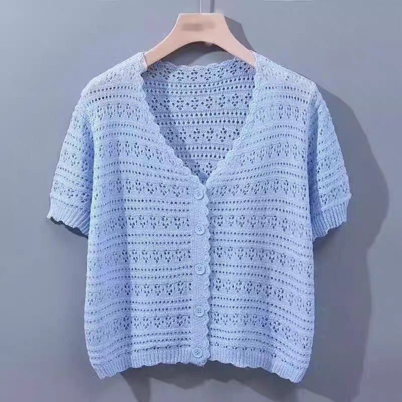 Women’s Ice Curve V-Neck Hollow-Out Short Cardigan | Lightweight Viscose Knit Summer 2025 Top | Korean Casual Sweet Style - Image 10