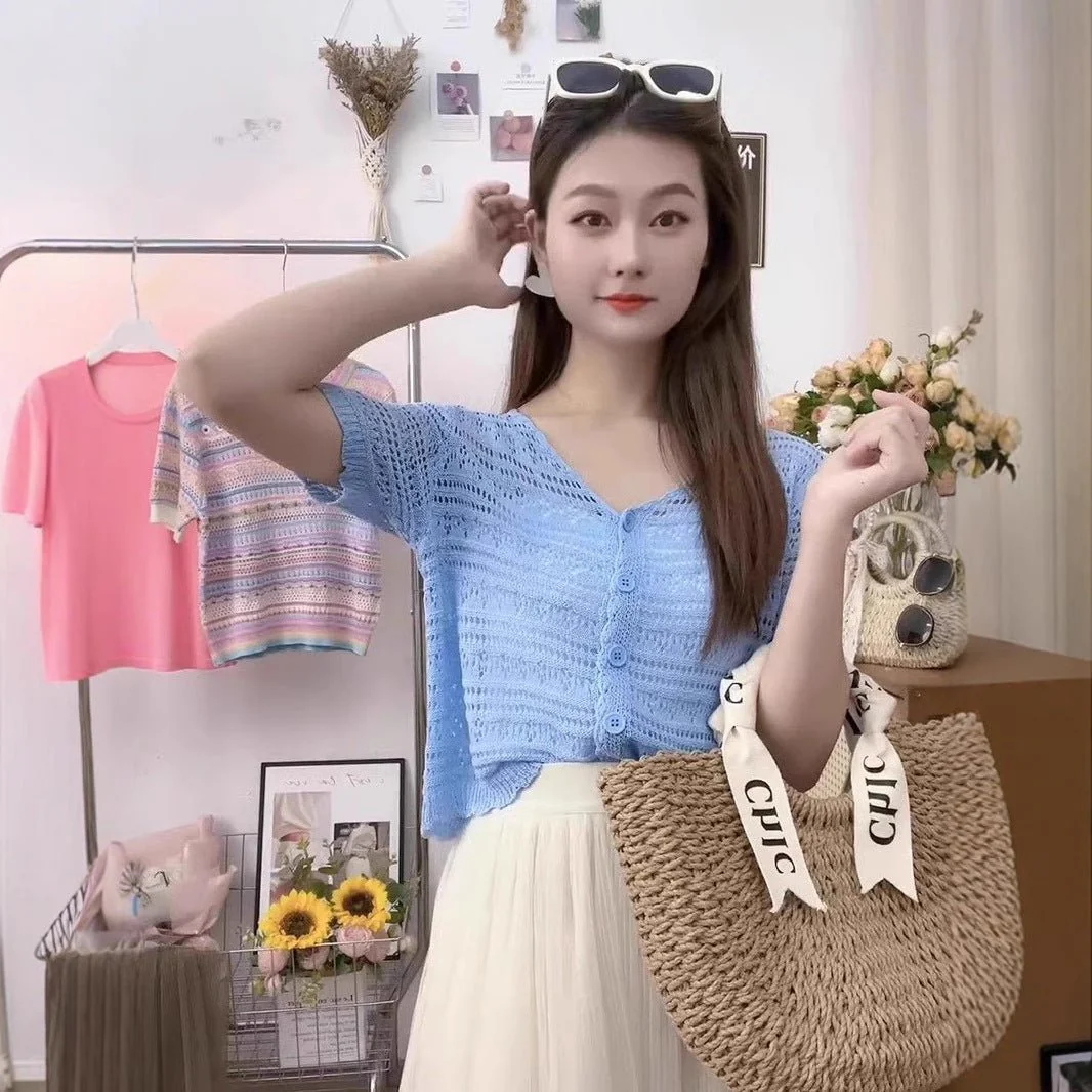 Women’s Ice Curve V-Neck Hollow-Out Short Cardigan | Lightweight Viscose Knit Summer 2025 Top | Korean Casual Sweet Style - Image 2