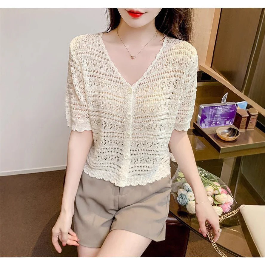Women’s Ice Curve V-Neck Hollow-Out Short Cardigan | Lightweight Viscose Knit Summer 2025 Top | Korean Casual Sweet Style - Image 4