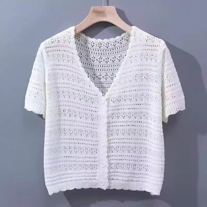 Women’s Ice Curve V-Neck Hollow-Out Short Cardigan | Lightweight Viscose Knit Summer 2025 Top | Korean Casual Sweet Style - Image 7