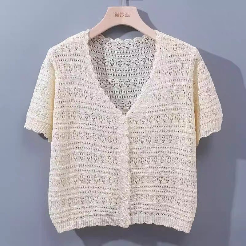 Women’s Ice Curve V-Neck Hollow-Out Short Cardigan | Lightweight Viscose Knit Summer 2025 Top | Korean Casual Sweet Style - Image 8