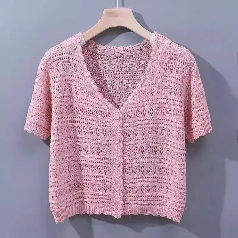 Women’s Ice Curve V-Neck Hollow-Out Short Cardigan | Lightweight Viscose Knit Summer 2025 Top | Korean Casual Sweet Style - Image 9