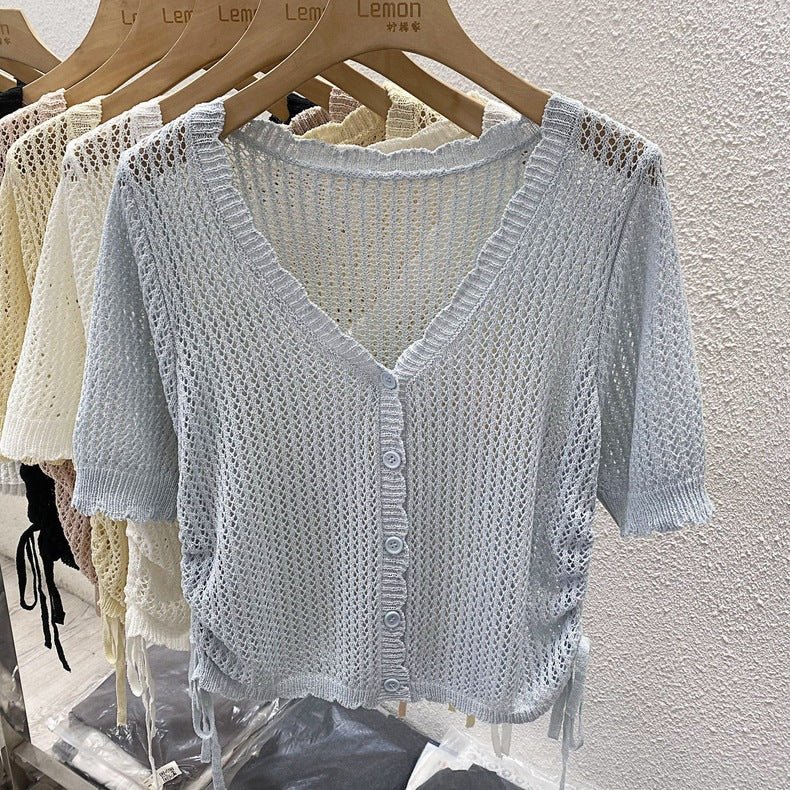 Women’s Ice Silk Drawstring Short Cardigan – Three-Quarter Sleeve Summer Top - Image 9