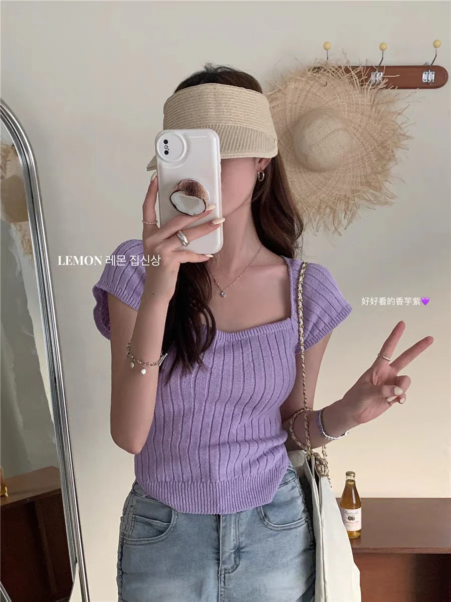 Women’s Ice Silk Square Neck Short T-Shirt – Slim Fit Summer Knitted Top FD - Image 10
