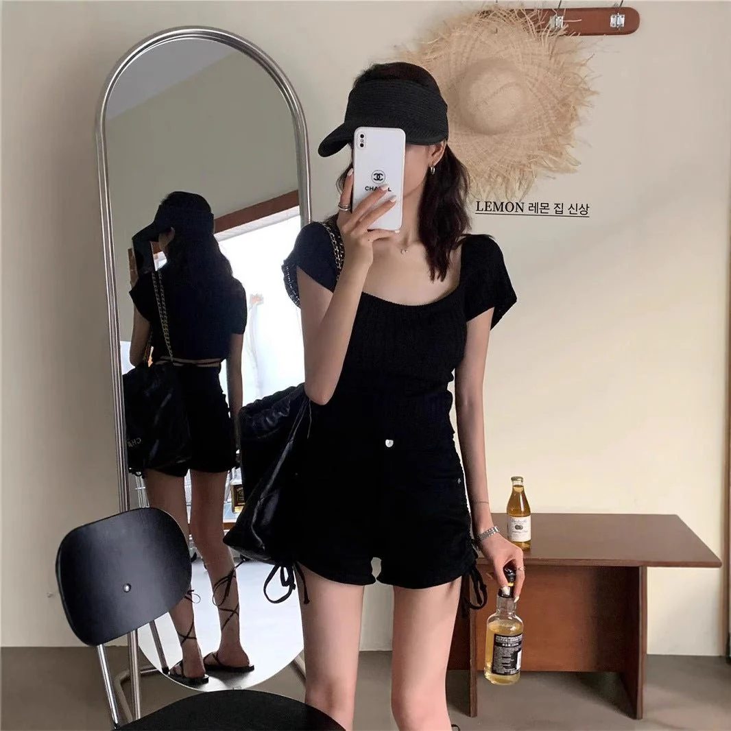 Women’s Ice Silk Square Neck Short T-Shirt – Slim Fit Summer Knitted Top FD - Image 3