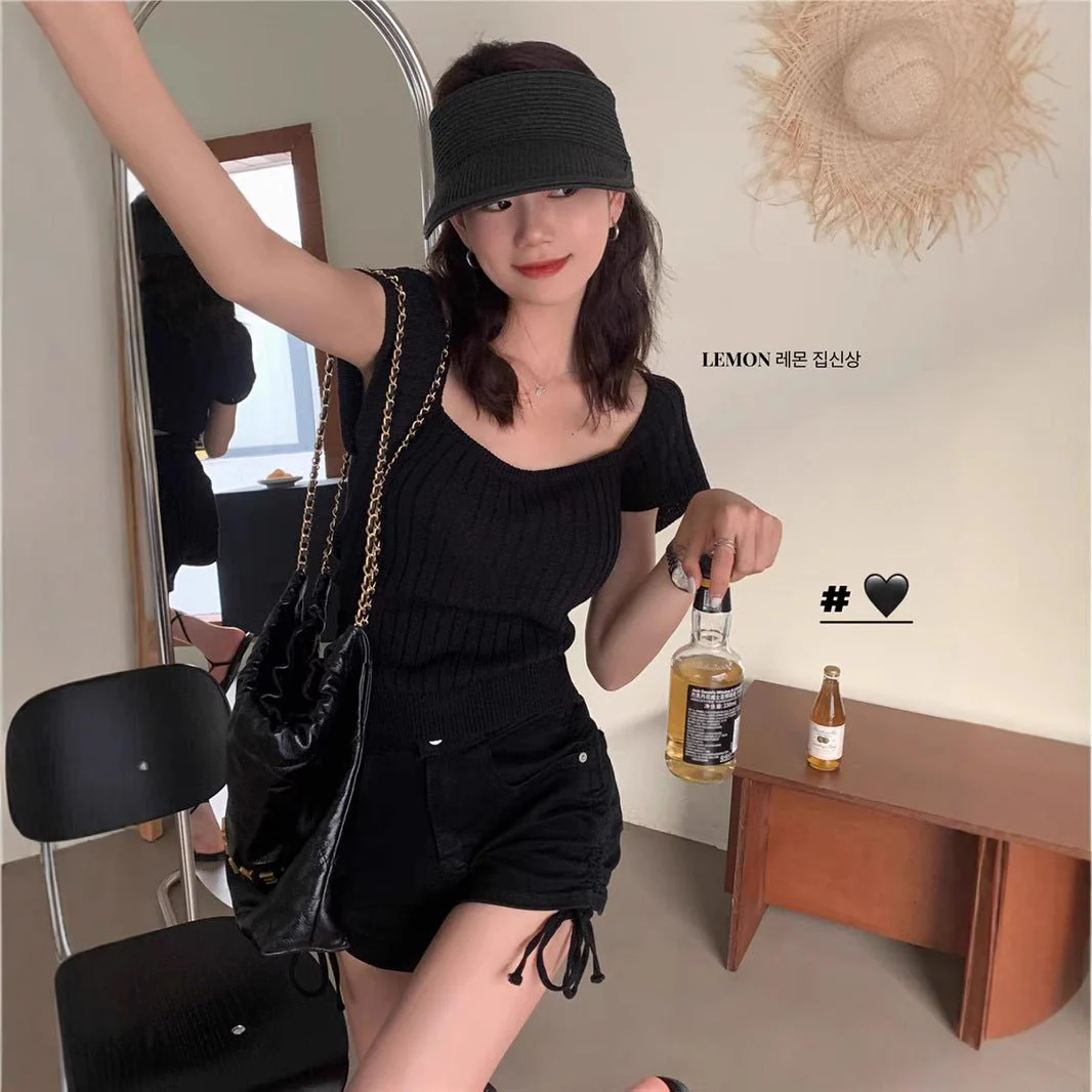 Women’s Ice Silk Square Neck Short T-Shirt – Slim Fit Summer Knitted Top FD - Image 4