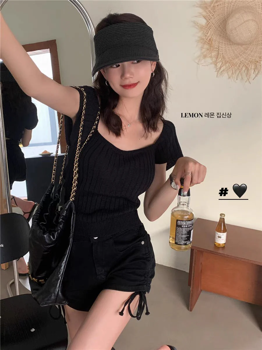 Women’s Ice Silk Square Neck Short T-Shirt – Slim Fit Summer Knitted Top FD - Image 6