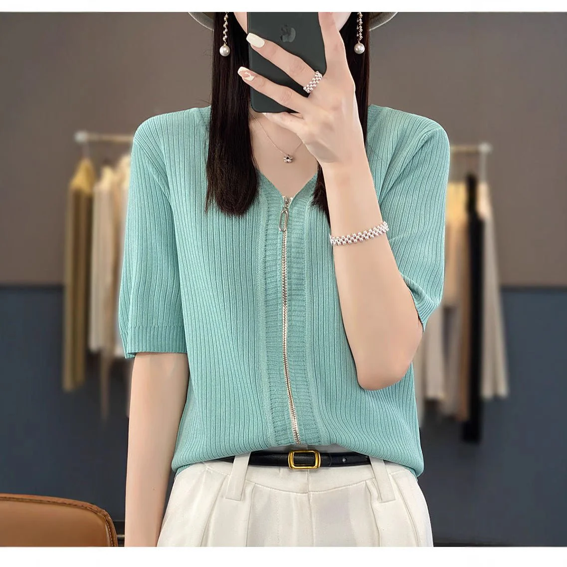 Women’s Ice Silk Zipper V-Neck Short Sleeve Cardigan | Soft Viscose Casual Summer T-Shirt | Korean Style Everyday Top - Image 2