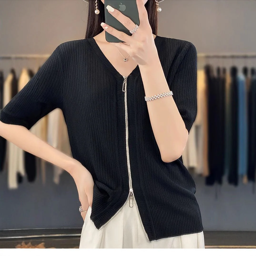 Women’s Ice Silk Zipper V-Neck Short Sleeve Cardigan | Soft Viscose Casual Summer T-Shirt | Korean Style Everyday Top - Image 3
