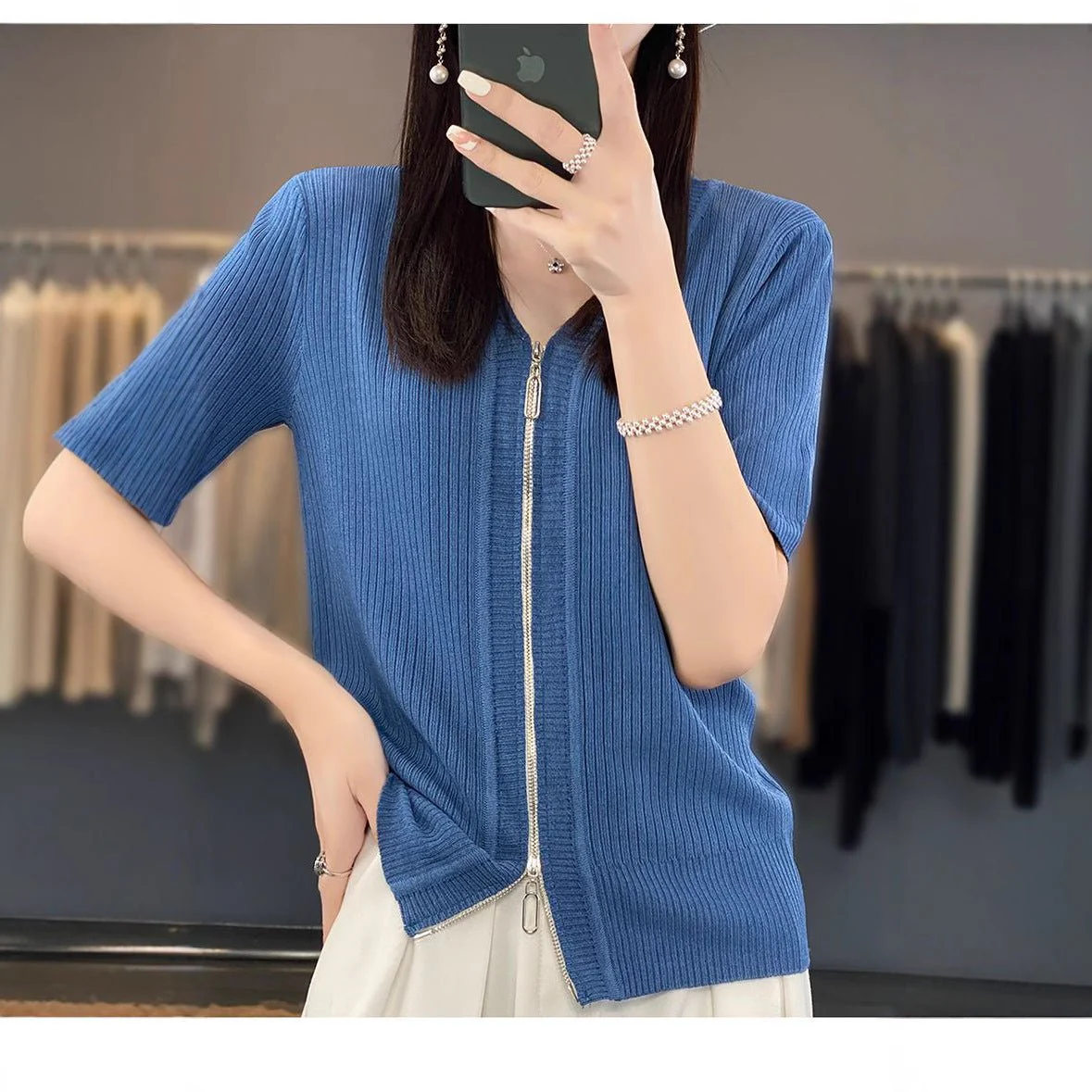 Women’s Ice Silk Zipper V-Neck Short Sleeve Cardigan | Soft Viscose Casual Summer T-Shirt | Korean Style Everyday Top - Image 4