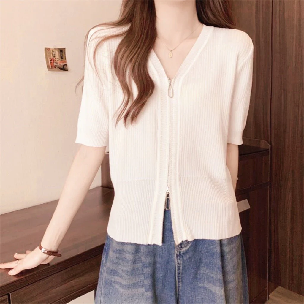Women’s Ice Silk Zipper V-Neck Short Sleeve Cardigan | Soft Viscose Casual Summer T-Shirt | Korean Style Everyday Top - Image 5