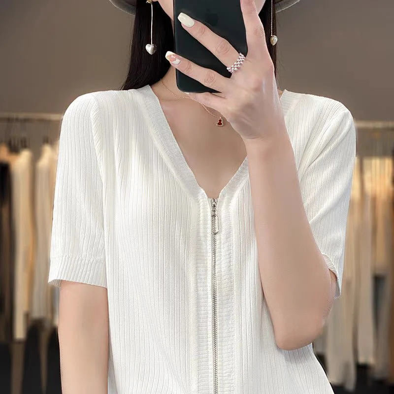Women’s Ice Silk Zipper V-Neck Short Sleeve Cardigan | Soft Viscose Casual Summer T-Shirt | Korean Style Everyday Top - Image 7