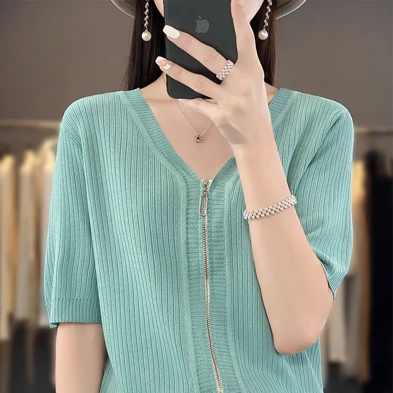 Women’s Ice Silk Zipper V-Neck Short Sleeve Cardigan | Soft Viscose Casual Summer T-Shirt | Korean Style Everyday Top - Image 9