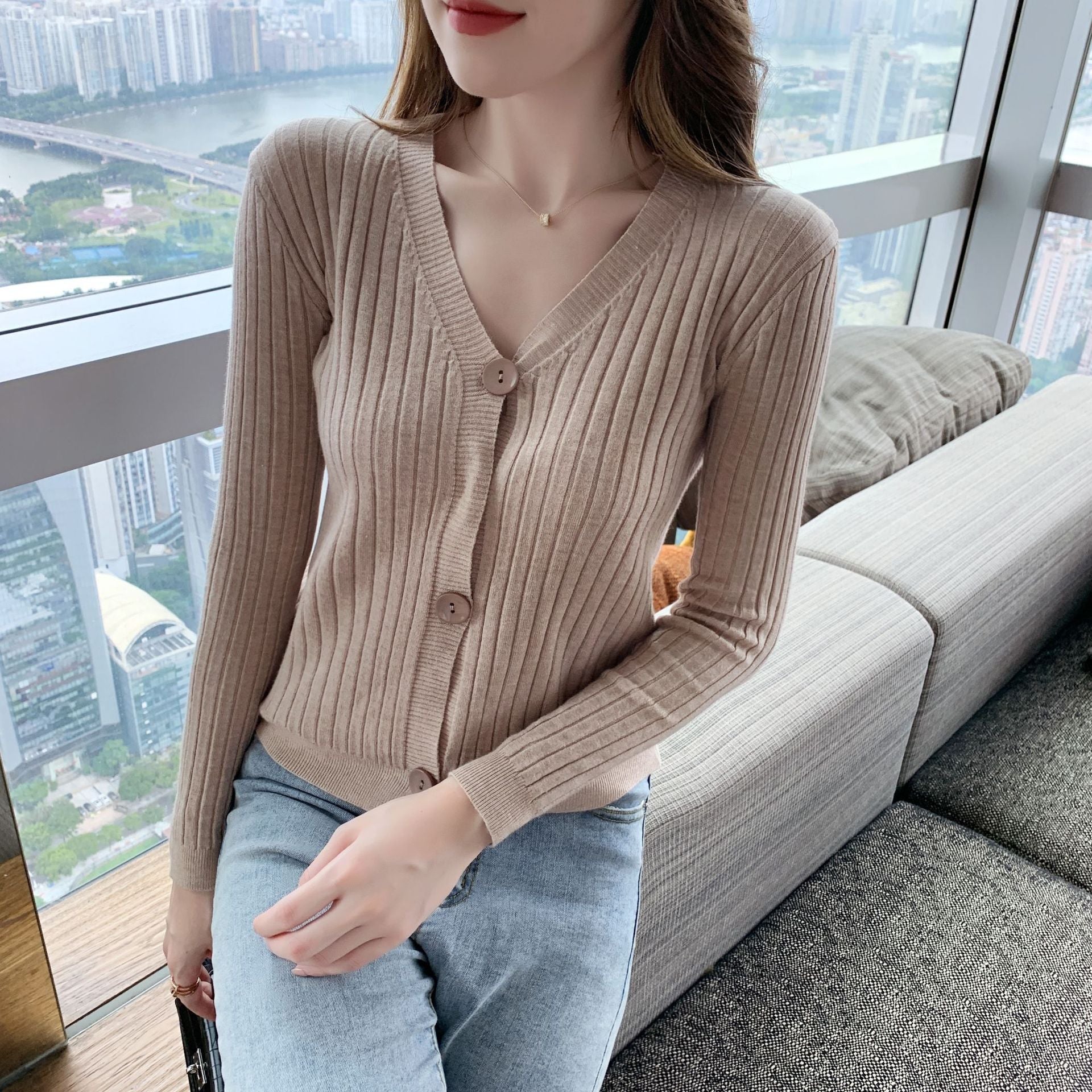 Women’s Loose-Fit V-Neck Cardigan Sweater – Elegant Commuter Style, Spring 2023 FD - Image 6