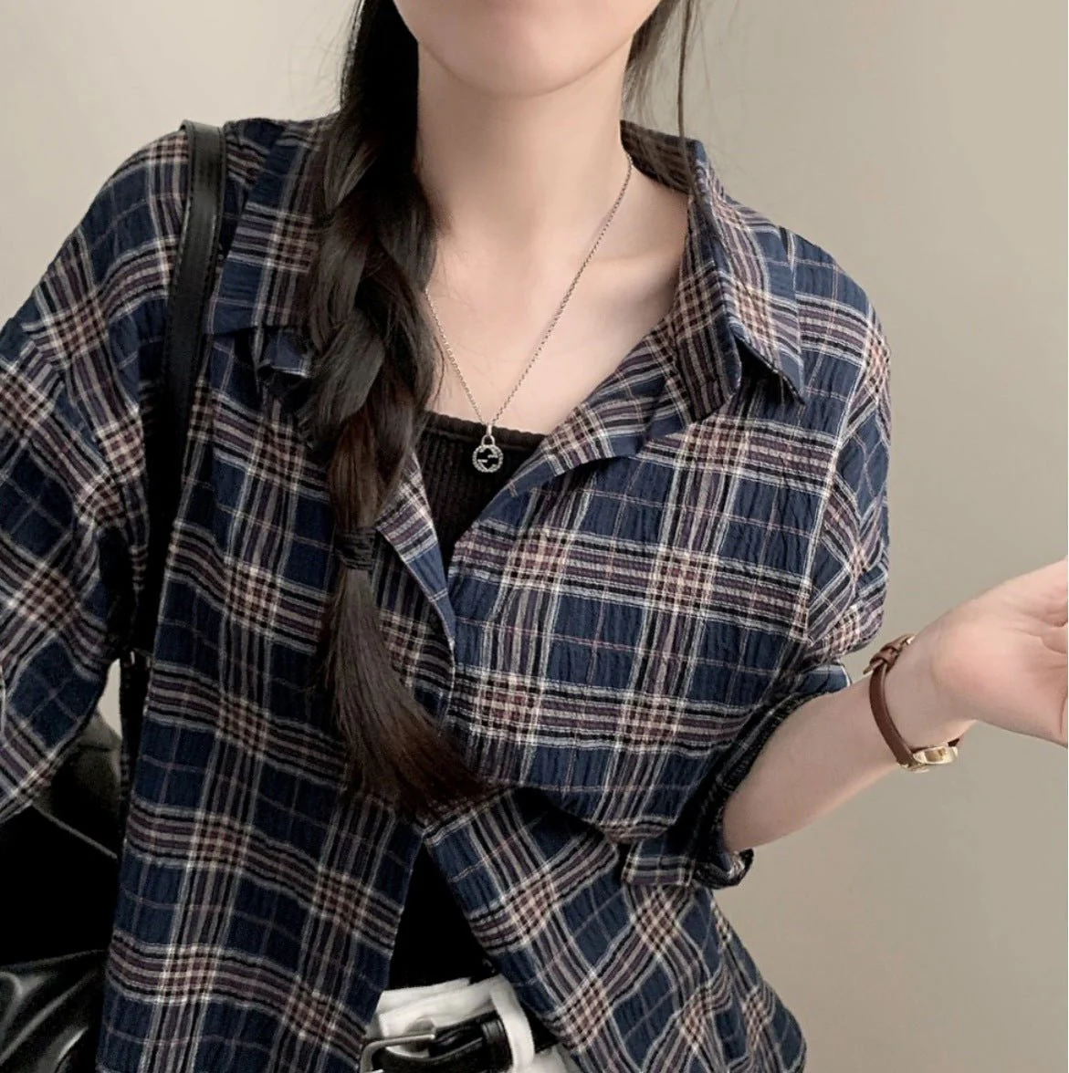 Women’s Plaid Button-Up Shirt – Long Sleeve Polo Collar Blouse | Elegant Urban Commuter Style - Image 6