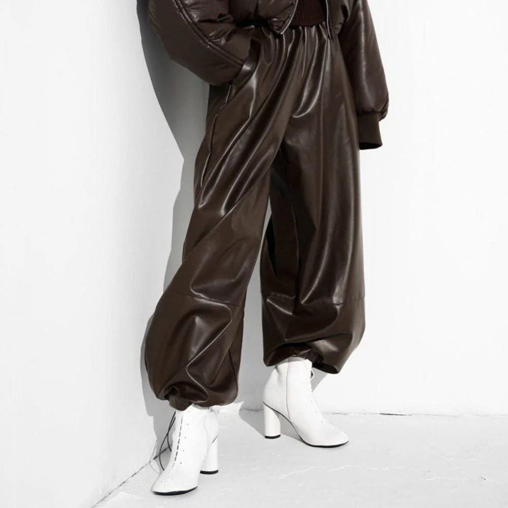 Women’s PU Leather Wide-Leg Pants | Street Hipster Style Low-Waist Trousers | Trendy Drawstring Faux Leather Pants – Autumn 2025 Collection - Image 3