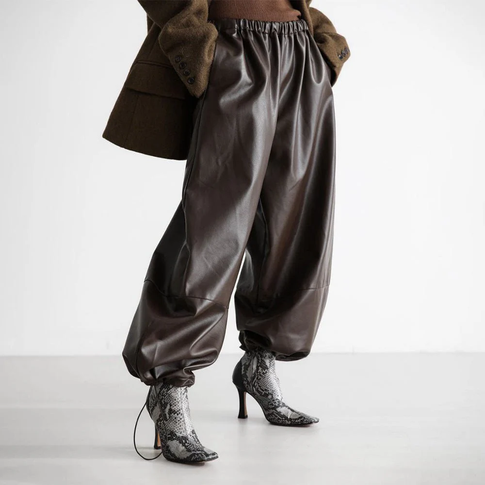 Women’s PU Leather Wide-Leg Pants | Street Hipster Style Low-Waist Trousers | Trendy Drawstring Faux Leather Pants – Autumn 2025 Collection - Image 4