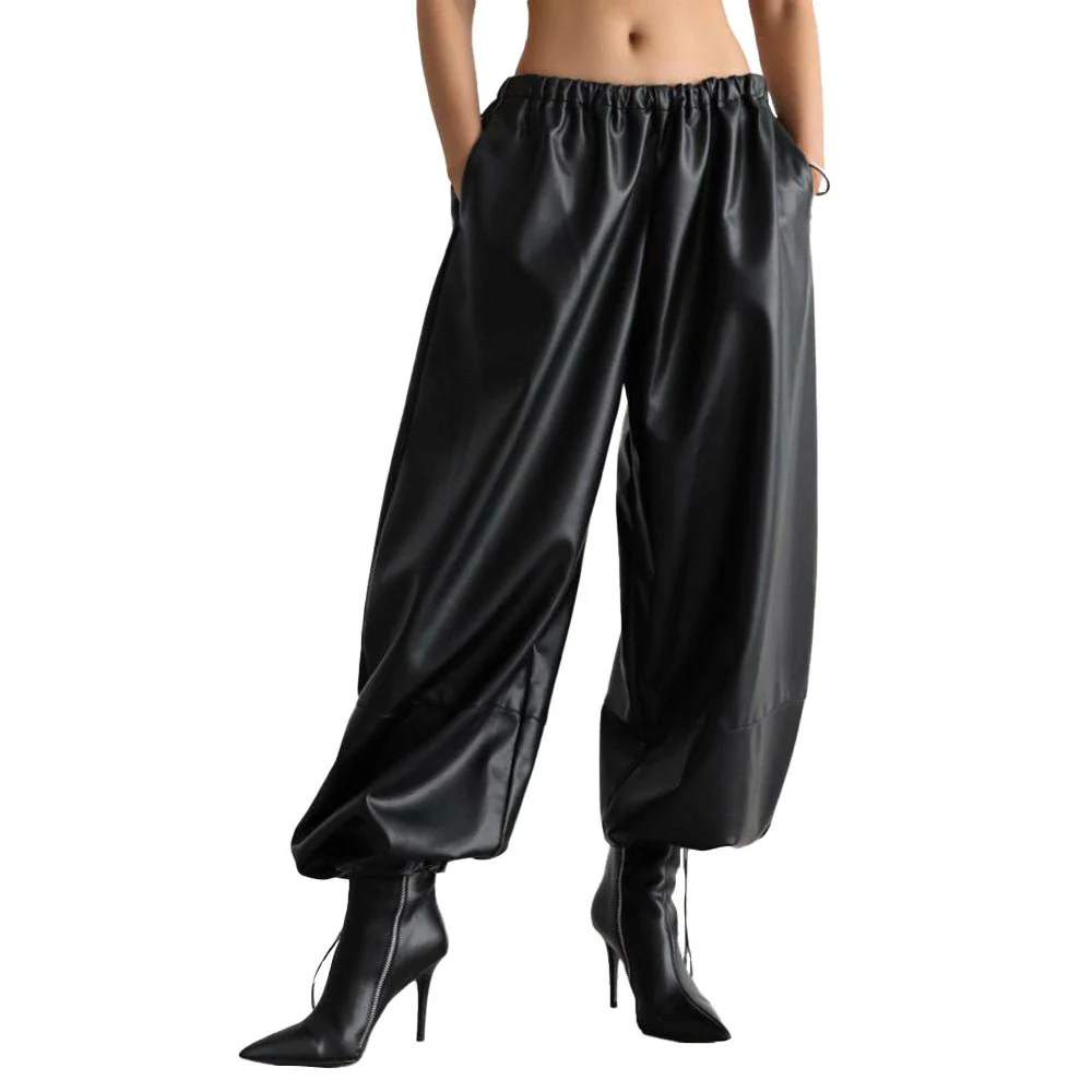Women’s PU Leather Wide-Leg Pants | Street Hipster Style Low-Waist Trousers | Trendy Drawstring Faux Leather Pants – Autumn 2025 Collection - Image 5