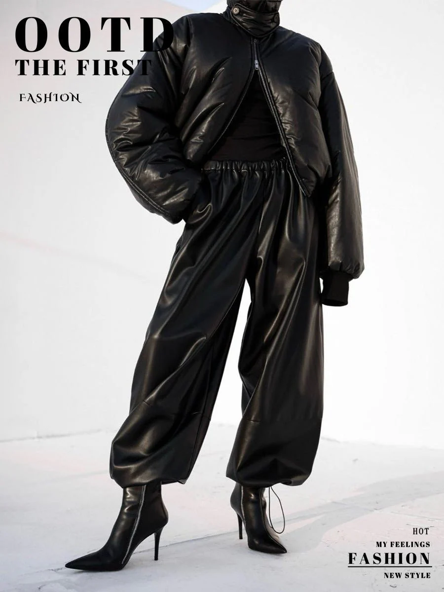 Women’s PU Leather Wide-Leg Pants | Street Hipster Style Low-Waist Trousers | Trendy Drawstring Faux Leather Pants – Autumn 2025 Collection - Image 6