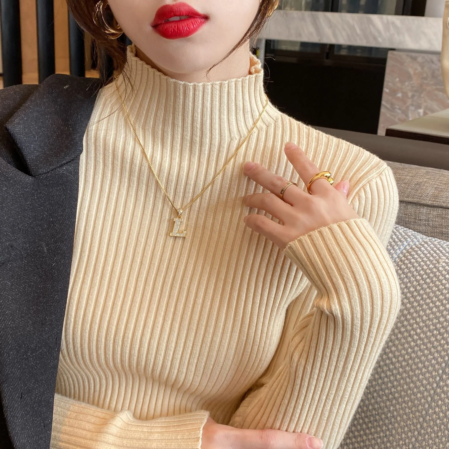 Women’s Semi-Turtleneck Core-Spun Yarn Sweater – Slim Fit Elegant Pullover FD - Image 15
