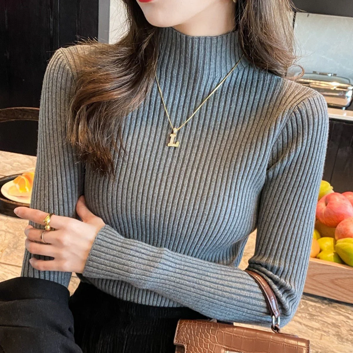 Women’s Semi-Turtleneck Core-Spun Yarn Sweater – Slim Fit Elegant Pullover FD - Image 5