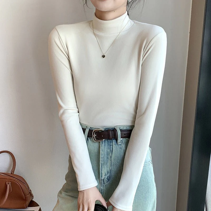 Women’s Semi-Turtleneck Double-Sided German Velvet Top – Thick Warm Long Sleeve Bottoming Shirt, Solid Color Slim Fit Pullover FD - Image 10