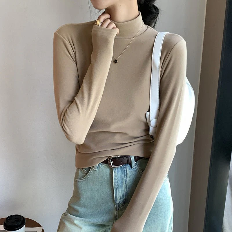 Women’s Semi-Turtleneck Double-Sided German Velvet Top – Thick Warm Long Sleeve Bottoming Shirt, Solid Color Slim Fit Pullover FD - Image 12