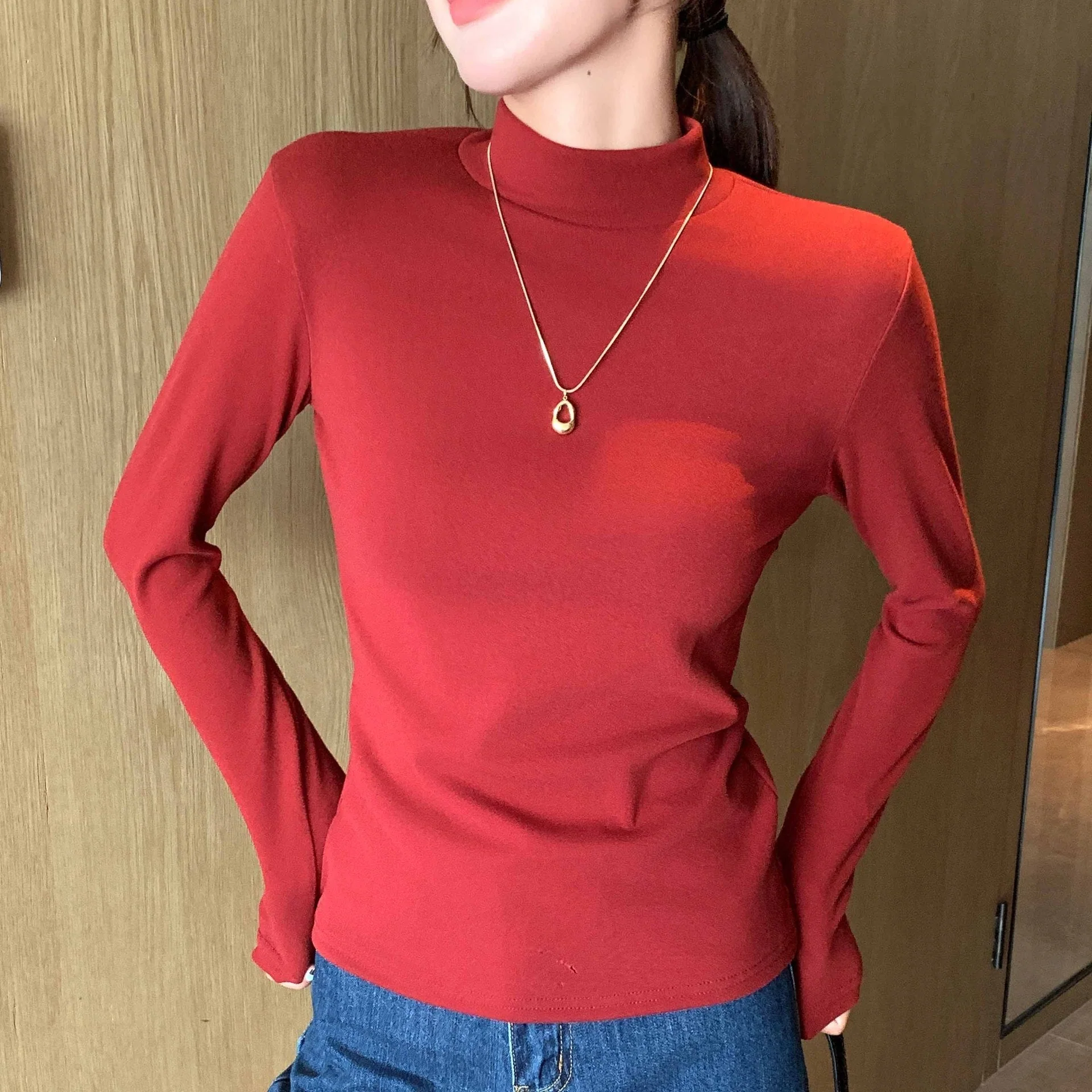 Women’s Semi-Turtleneck Double-Sided German Velvet Top – Thick Warm Long Sleeve Bottoming Shirt, Solid Color Slim Fit Pullover FD - Image 13