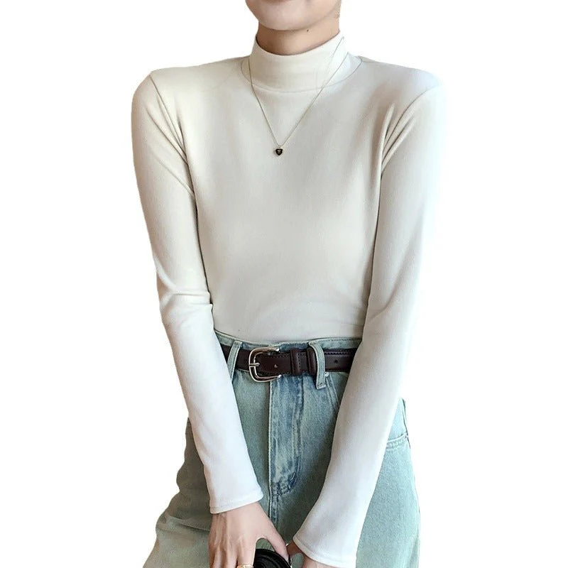 Women’s Semi-Turtleneck Double-Sided German Velvet Top – Thick Warm Long Sleeve Bottoming Shirt, Solid Color Slim Fit Pullover FD - Image 5