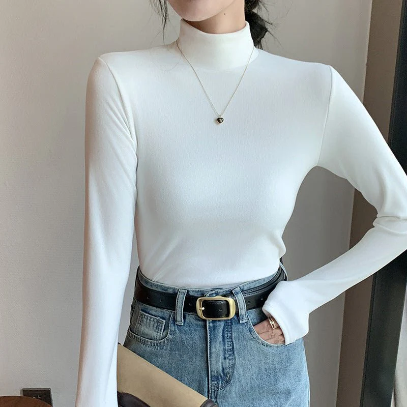 Women’s Semi-Turtleneck Double-Sided German Velvet Top – Thick Warm Long Sleeve Bottoming Shirt, Solid Color Slim Fit Pullover FD - Image 6
