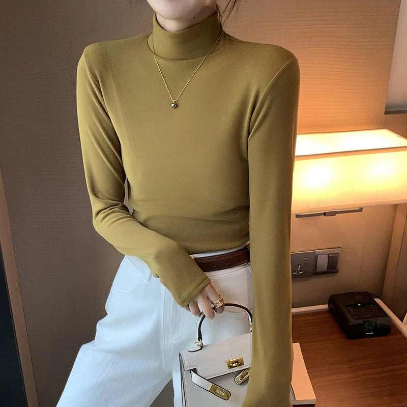 Women’s Semi-Turtleneck Double-Sided German Velvet Top – Thick Warm Long Sleeve Bottoming Shirt, Solid Color Slim Fit Pullover FD - Image 8
