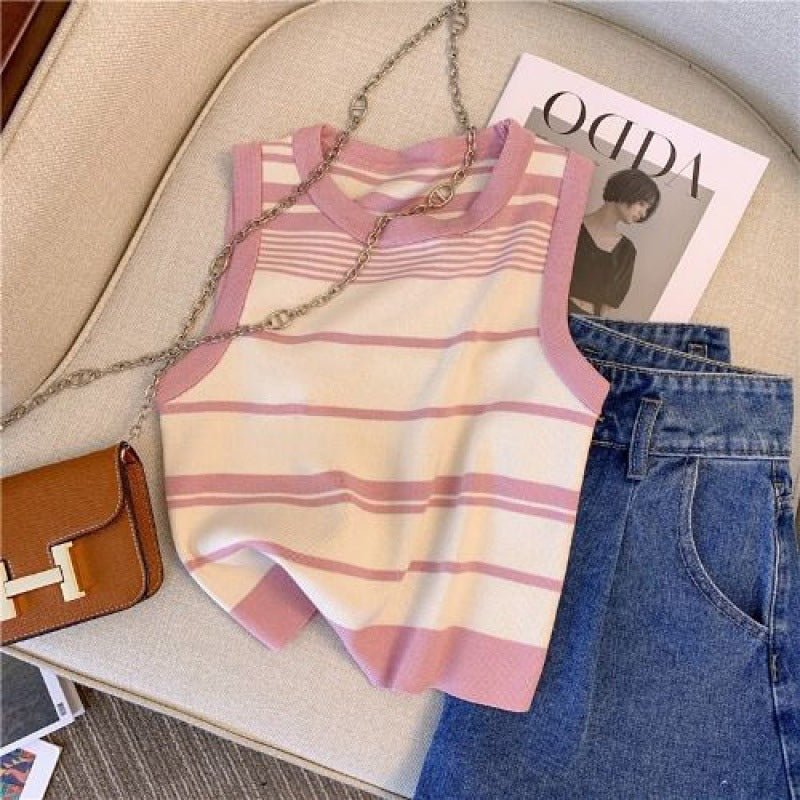 Women’s Sleeveless Striped Knit Sweater | Contrasting Colors Casual Top - Image 3