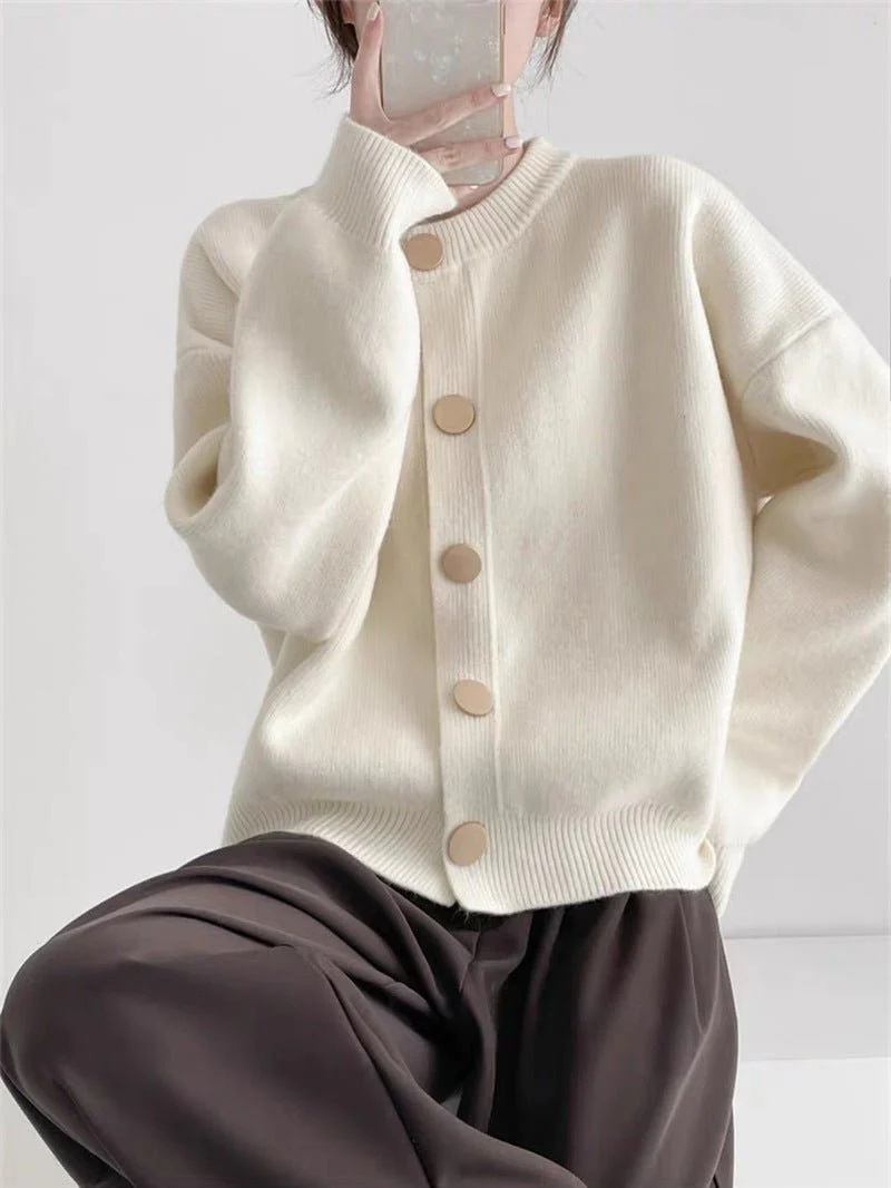 Women’s Solid Color Button Cardigan Sweater – Loose Fit Lazy Wind Knitwear, Autumn 2025 Collection FD - Image 7