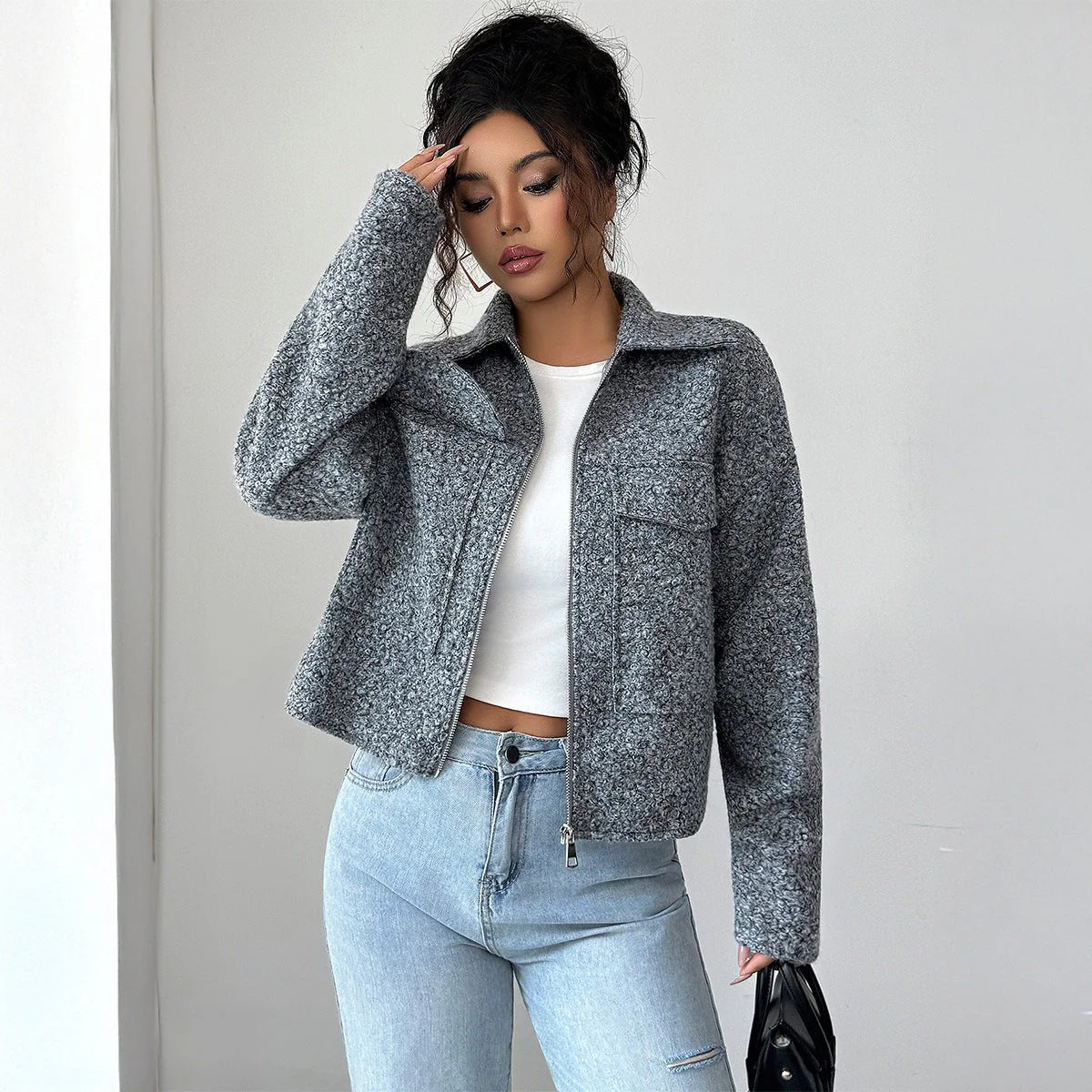 Women’s Solid Color Lapel Zipper Jacket | Slim Fit Woven Blazer – Autumn 2025 FD - Image 3