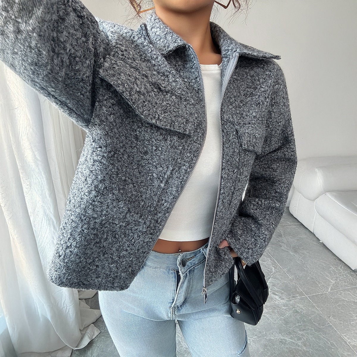 Women’s Solid Color Lapel Zipper Jacket | Slim Fit Woven Blazer – Autumn 2025 FD - Image 4