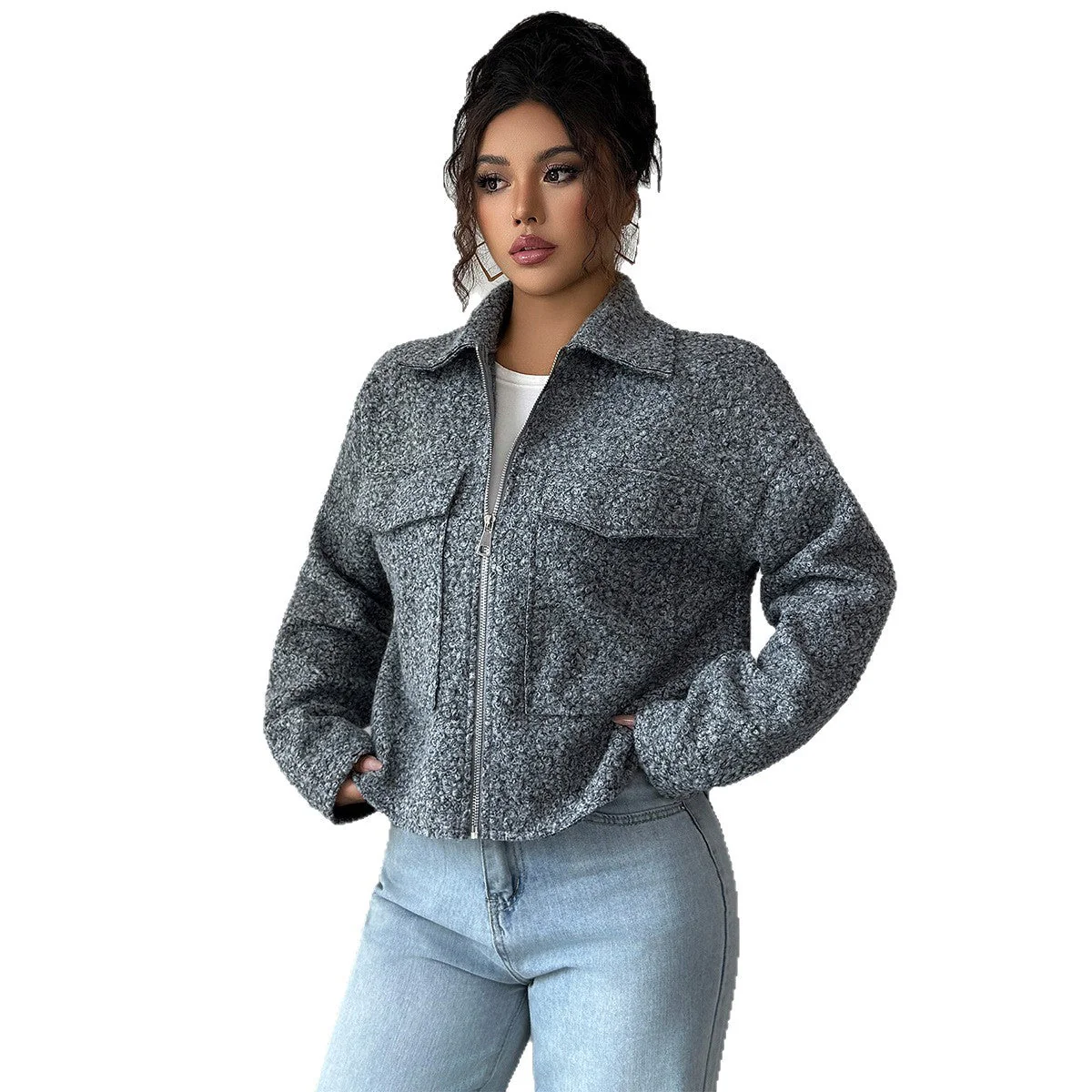 Women’s Solid Color Lapel Zipper Jacket | Slim Fit Woven Blazer – Autumn 2025 FD - Image 5
