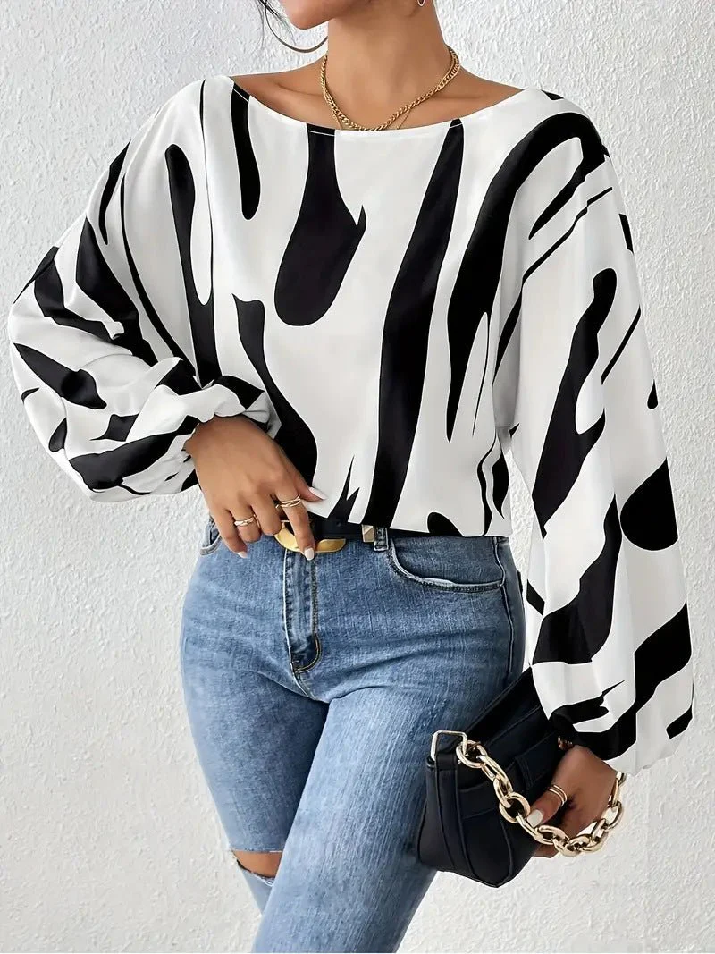 Women’s Spring 2025 Off-Shoulder Printed Pullover Blouse – Loose Fit Long Sleeve - Image 2