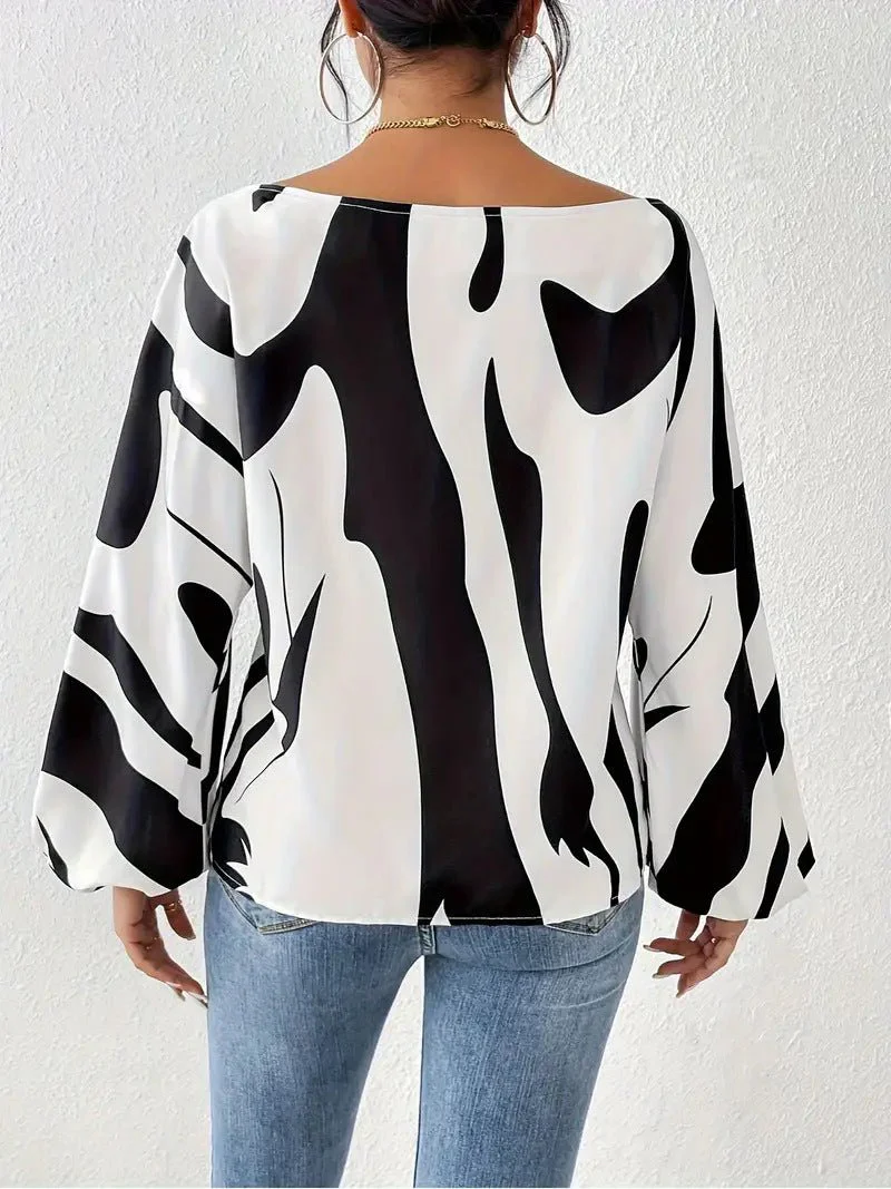 Women’s Spring 2025 Off-Shoulder Printed Pullover Blouse – Loose Fit Long Sleeve - Image 3