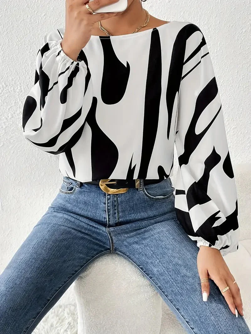 Women’s Spring 2025 Off-Shoulder Printed Pullover Blouse – Loose Fit Long Sleeve - Image 4