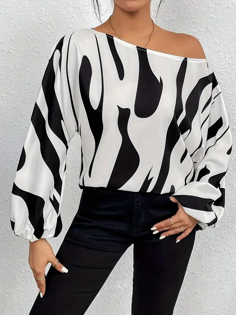 Women’s Spring 2025 Off-Shoulder Printed Pullover Blouse – Loose Fit Long Sleeve - Image 5