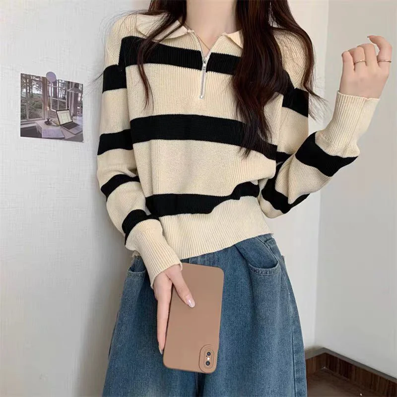 Women’s Striped Polo-Collar Pullover Sweater – Loose-Fit Japanese & Korean Casual, Autumn 2025